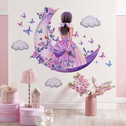 Vinyl Wall Art Sticker Set | Purple Moon & Floral Design Decor