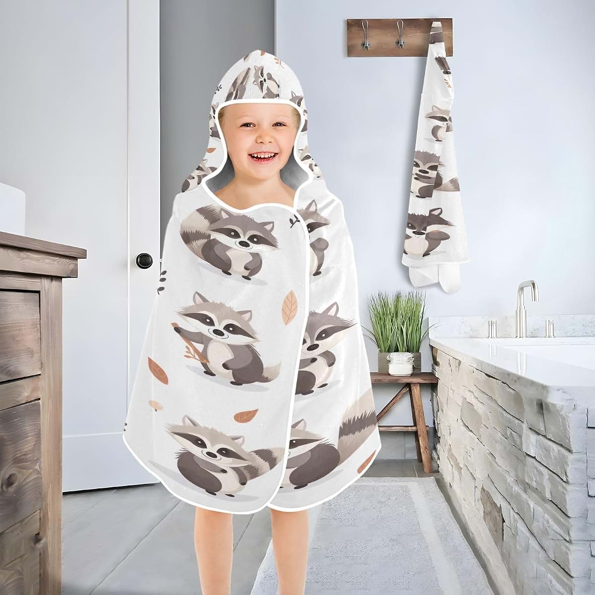 Kigai Cute Raccoon Hooded Baby Towel, 50x23.5 Inch Ultra Soft Absorbent Bath Towel for Newborn Infant Toddler