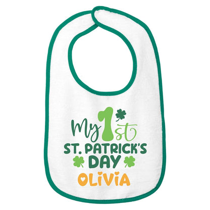 Smiling Jindo Personalized My 1st St. Patrick’s Day Baby Bib with Name – Custom First St Paddy’s Gift, Soft Cotton Terry