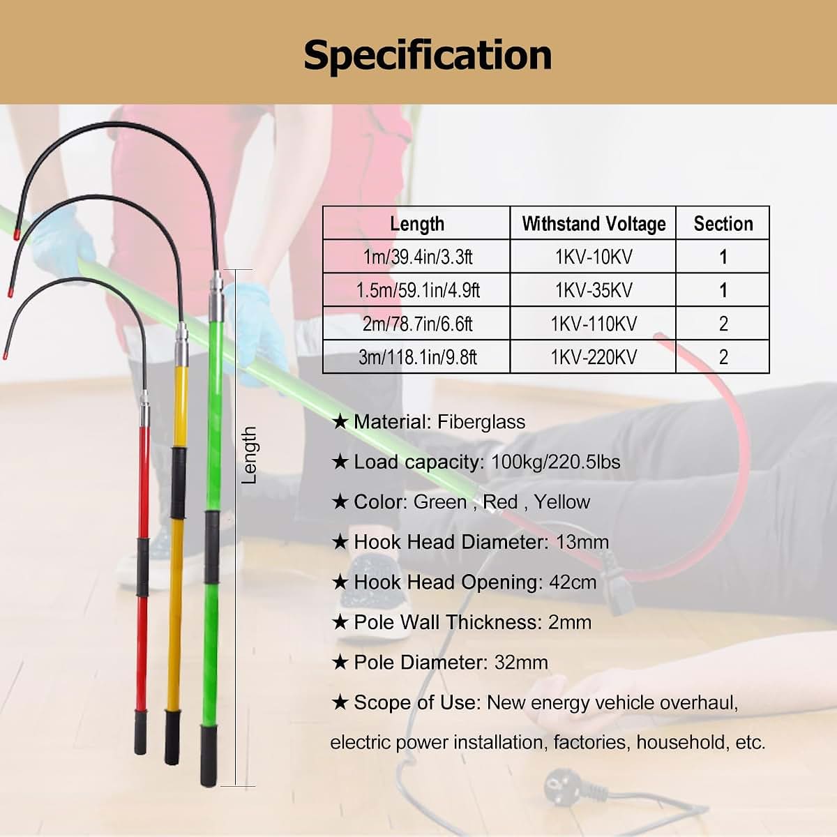 Insulated Rescue Hook 3 Set With Canvas Bags Fiberglass 100kg