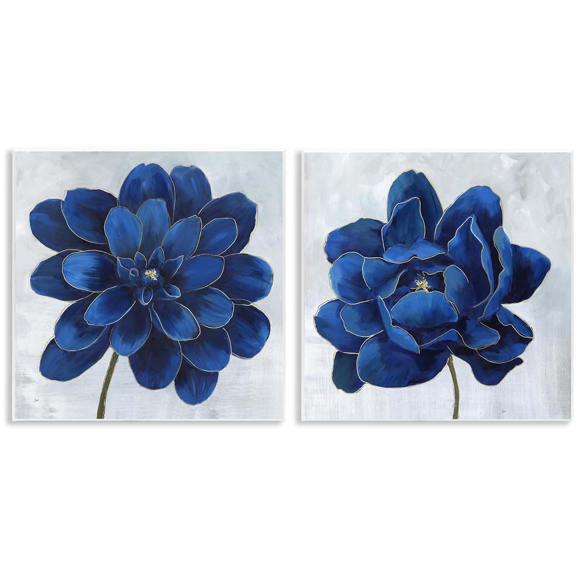 Stupell Industries Royal Blue Floral Wall Plaque Set, 12 x 12 Inch, 2-Piece Ready to Hang