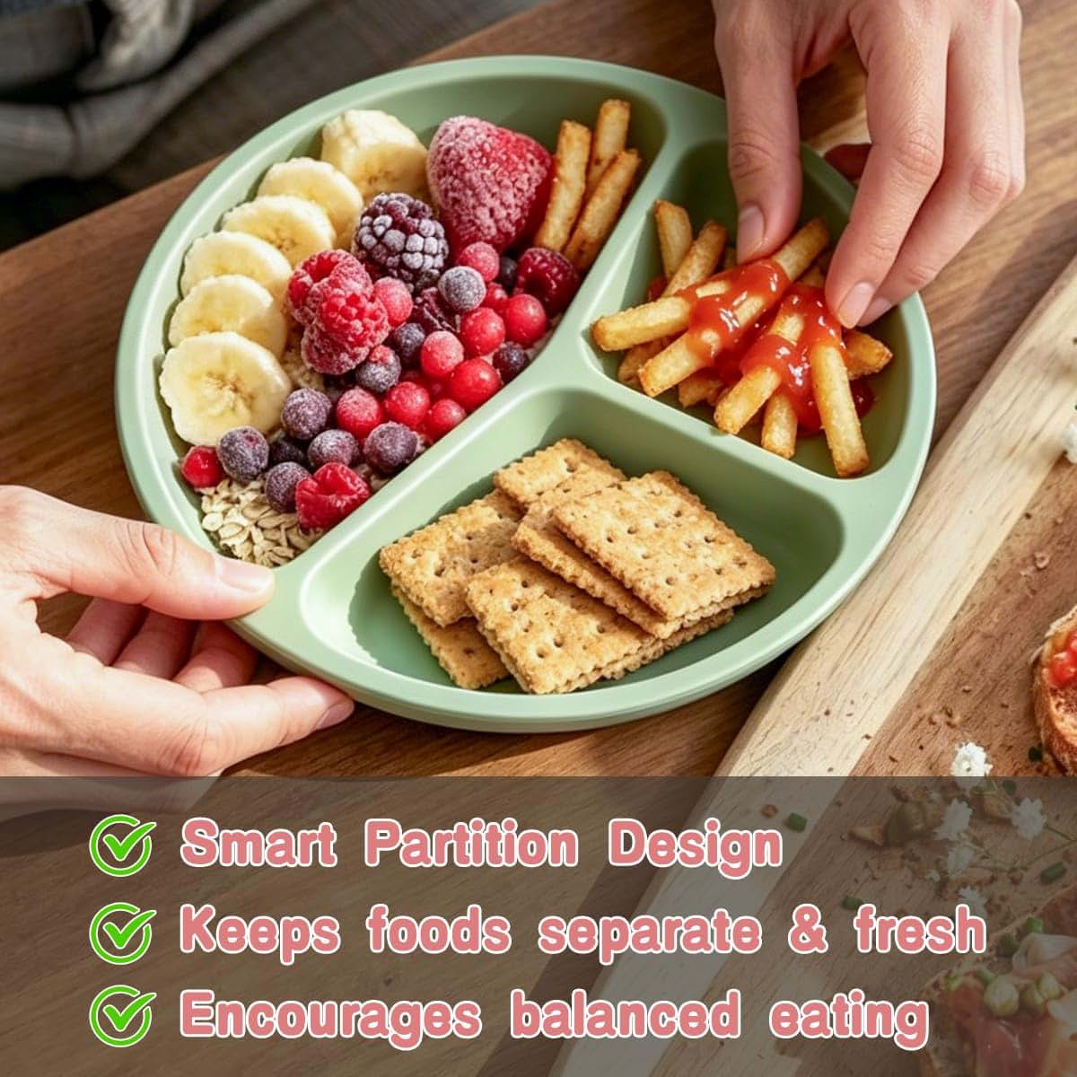 Folksybliss Personalized Silicone Toddler Plates 3 Pack with Suction, Divided Baby Plates for Self Feeding, Custom Name (photo 4)