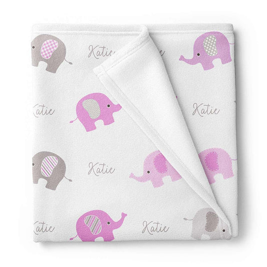 Lovable Gift Co Personalized Elephant Fleece Baby Girls Blanket, Pink and Gray