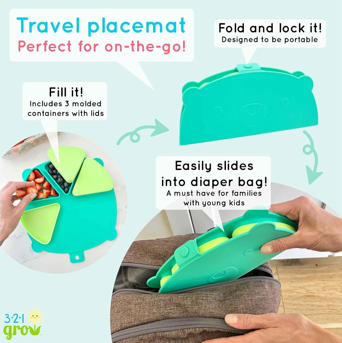 321 Grow Silicone On-The-Go Snack Mat With 3 Compartments And Lids (photo 2)