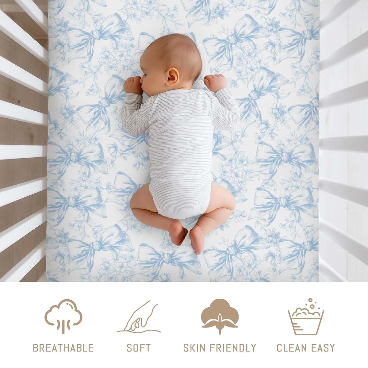Selgkds Vintage Blue Chinoiserie Flower Bows Baby Crib Sheets for Girls Retro Floral Bows Soft Snug Fitted Crib