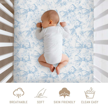 Selgkds Vintage Blue Chinoiserie Flower Bows Baby Crib Sheets for Girls Retro Floral Bows Soft Snug Fitted Crib