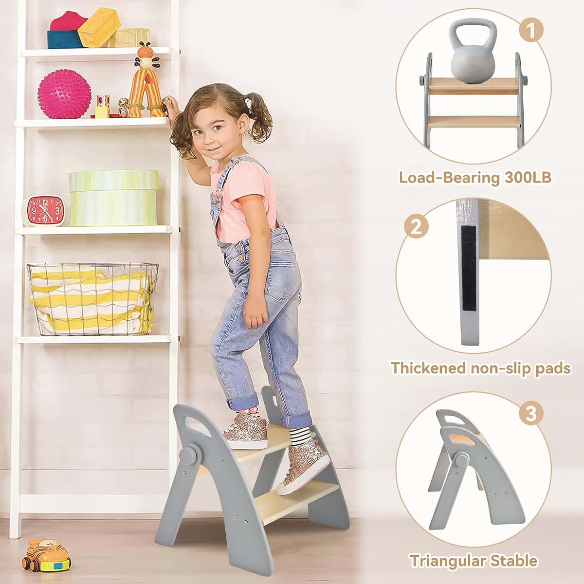 BabyOneStop Wooden 2 Step Stool for Kids Bathroom Sink