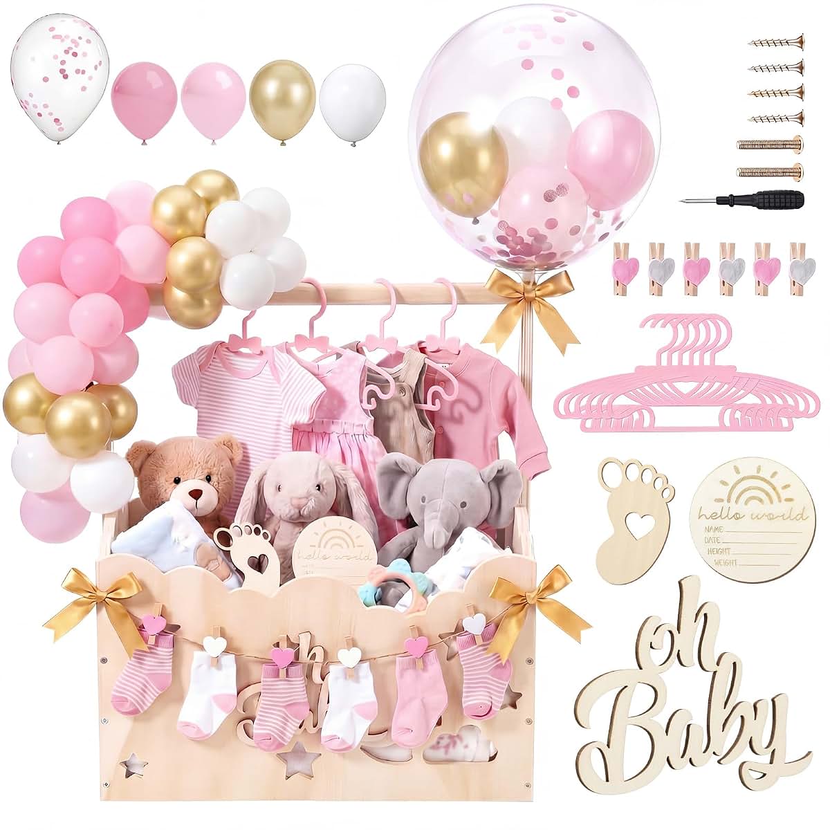 Hollow Pink Wooden Baby Shower Crate Closet With Hanger Rack