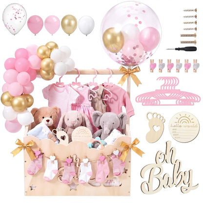 Hollow Pink Wooden Baby Shower Crate Closet With Hanger Rack