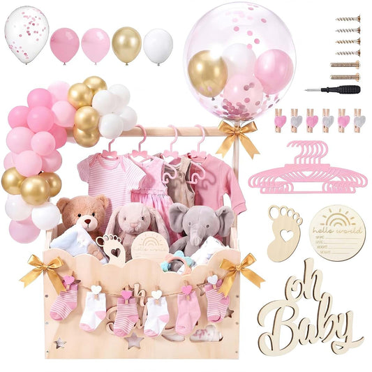 Hollow Pink Wooden Baby Shower Crate Closet With Hanger Rack