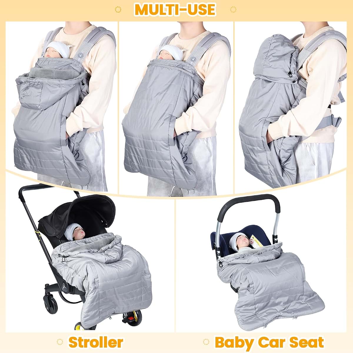 Orzbow Winter Baby Carrier Cover with Detachable Hood, Light Gray