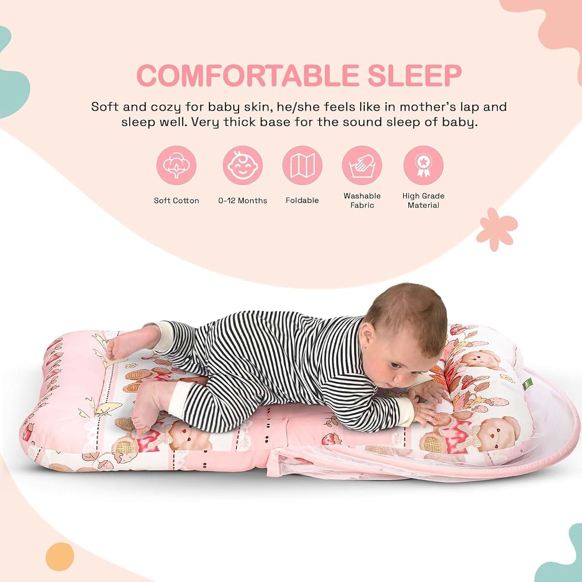 Baybee Baby Bedding Set With Mosquito Net, Mattress, And Neck Pillow - Little Nest Pink