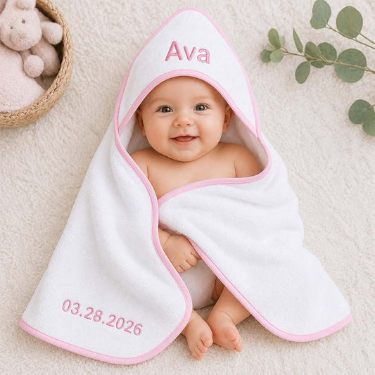 ANKI Custom World Personalized Baby Hooded Towel with Name, Turkish Cotton Baby Bath Towels White Pink, Two Embroideries