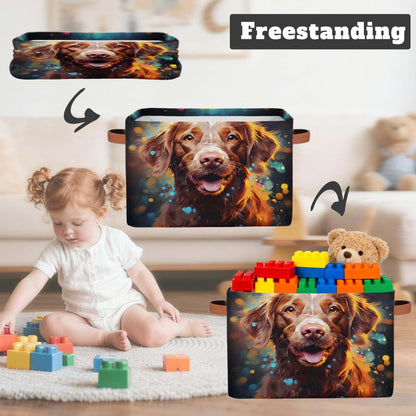 Ethebre Cute Animal Dog Painting Storage Basket with Leather Handles, Foldable 15x11x9.5 In