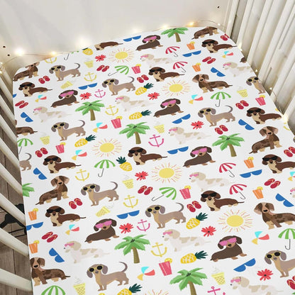 Dachshund Summer Beach Fitted Crib Sheets for Standard & Toddler Mattresses