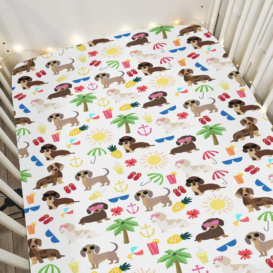 Dachshund Summer Beach Fitted Crib Sheets for Standard & Toddler Mattresses
