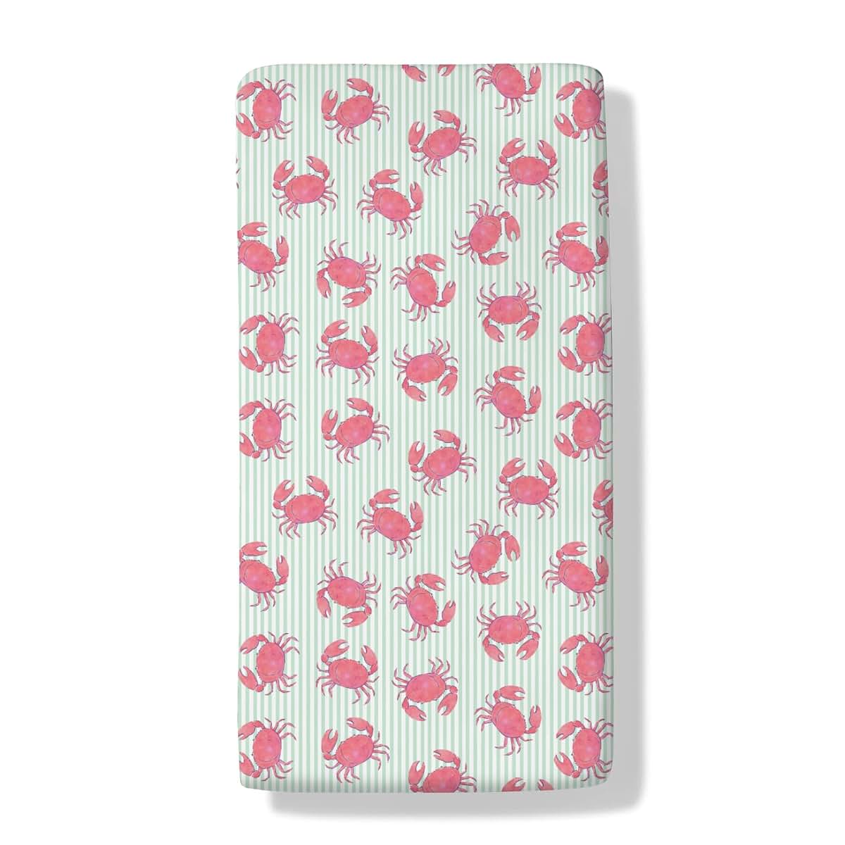 BabyOneStop Watercolor Crab Striped Crib Sheet, Pink Coastal Ocean Design, Fits Standard Crib Mattress 28x52