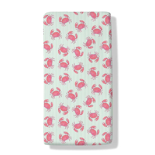 BabyOneStop Watercolor Crab Striped Crib Sheet, Pink Coastal Ocean Design, Fits Standard Crib Mattress 28x52