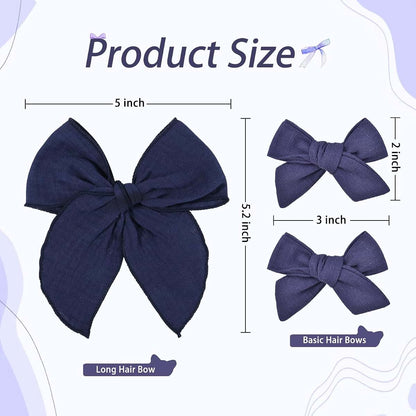 BabyOneStop Fable Hair Bow Clip Set with 5-Inch and 3-Inch Bows in Navy Blue