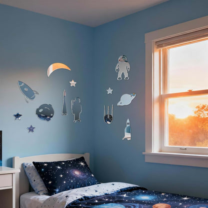 Astronaut Space Rocket Mirror Wall Decal Stickers 14Pcs 3D Acrylic Silver