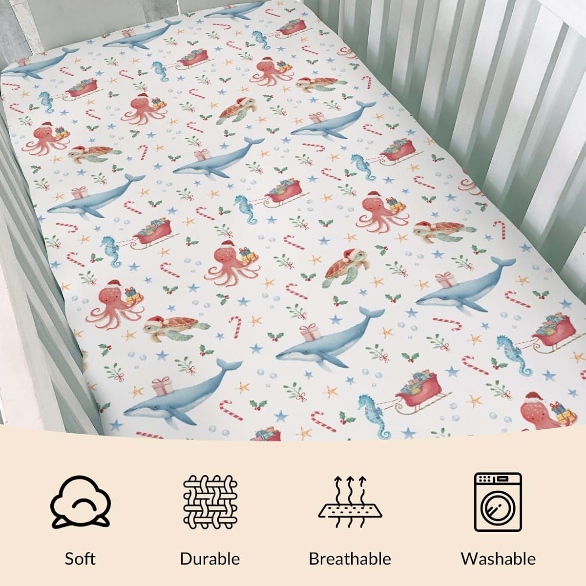 Cstdyfrv Christmas Sea Animals Baby Crib Sheets Coastal Whale Turtle Sea Horse Santa Hat Gifts Baby Sheet Winter (photo 3)