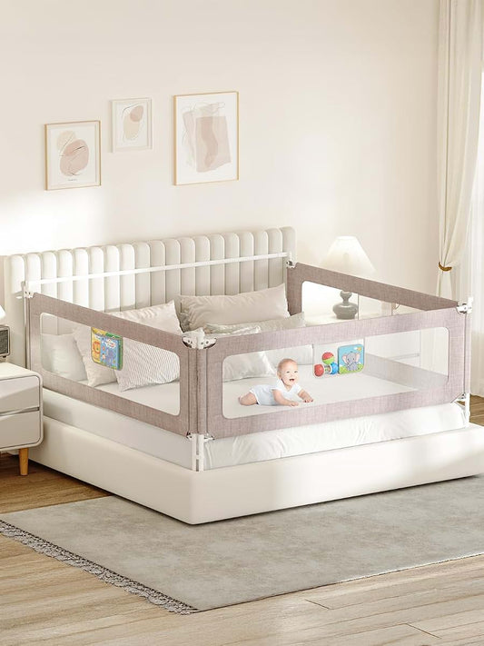 VBABY 3-Piece Bed Rails for Queen Bed, Adjustable Height Toddler Rail, Grey
