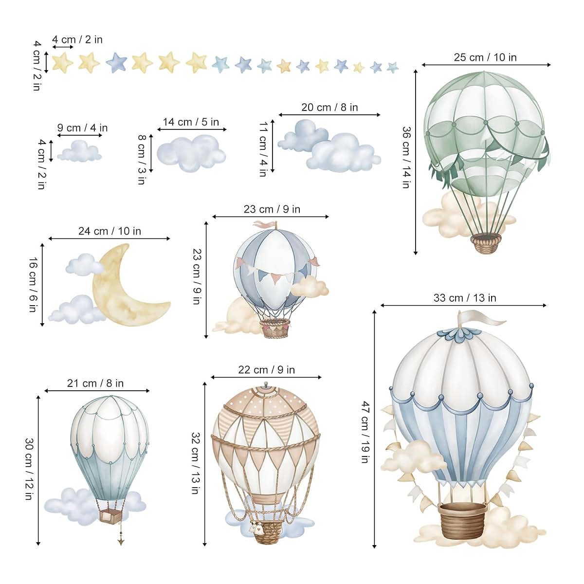 wondever Hot Air Balloon Wall Decals Star Moon Cloud Balloons Wall Stickers