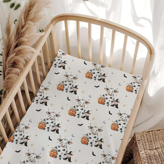 Wicbfdfv Cute Halloween Cow Pig Pumpkin Bats Fitted Baby Crib Sheet for Boys Girls 28x52 Inch Spooky Cows Pigs Moon