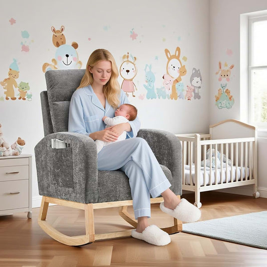PeacefulHues Rocking Chair Nursery, Modern Upholstered Glider Rocker Side Pocket, High Backrest Padded Seat Accent