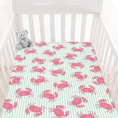 BabyOneStop Watercolor Crab Striped Crib Sheet, Pink Coastal Ocean Design, Fits Standard Crib Mattress 28x52