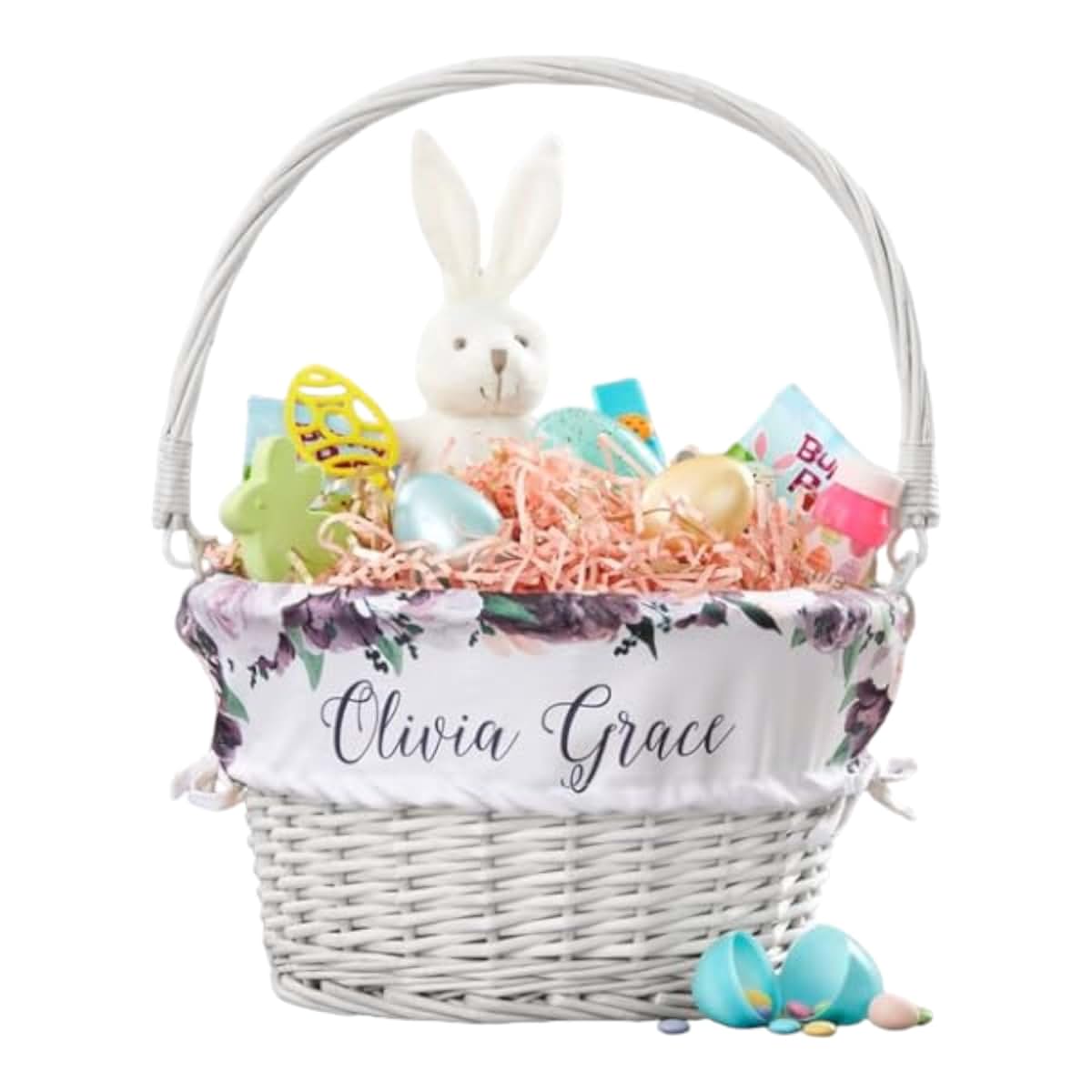 Personalization Universe Personalized Colorful Floral White Easter Basket – Embroidered Floral Basket Liner – Custom