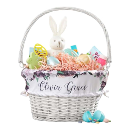 Personalization Universe Personalized Colorful Floral White Easter Basket – Embroidered Floral Basket Liner – Custom
