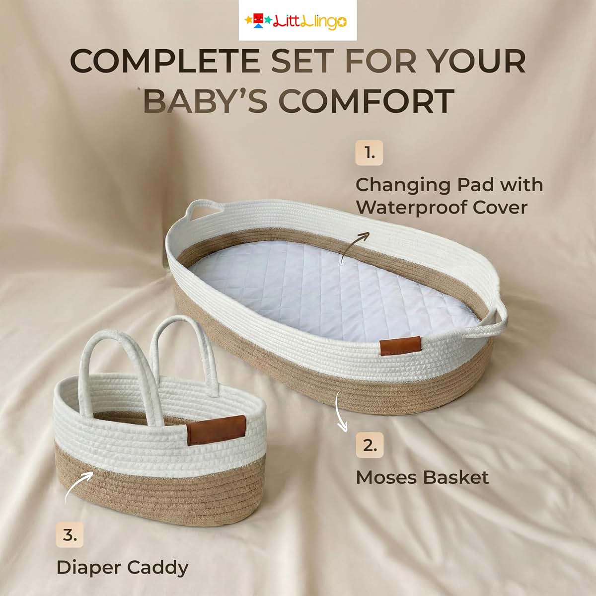 Littlingo Set of 2 Baby Changing Baskets, Moses Basket with Pad, Cotton Rope Baby Moses Basket Bassinet (Beige) (photo 4)
