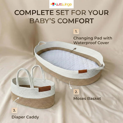 Littlingo Set of 2 Baby Changing Baskets, Moses Basket with Pad, Cotton Rope Baby Moses Basket Bassinet (Beige) (photo 4)