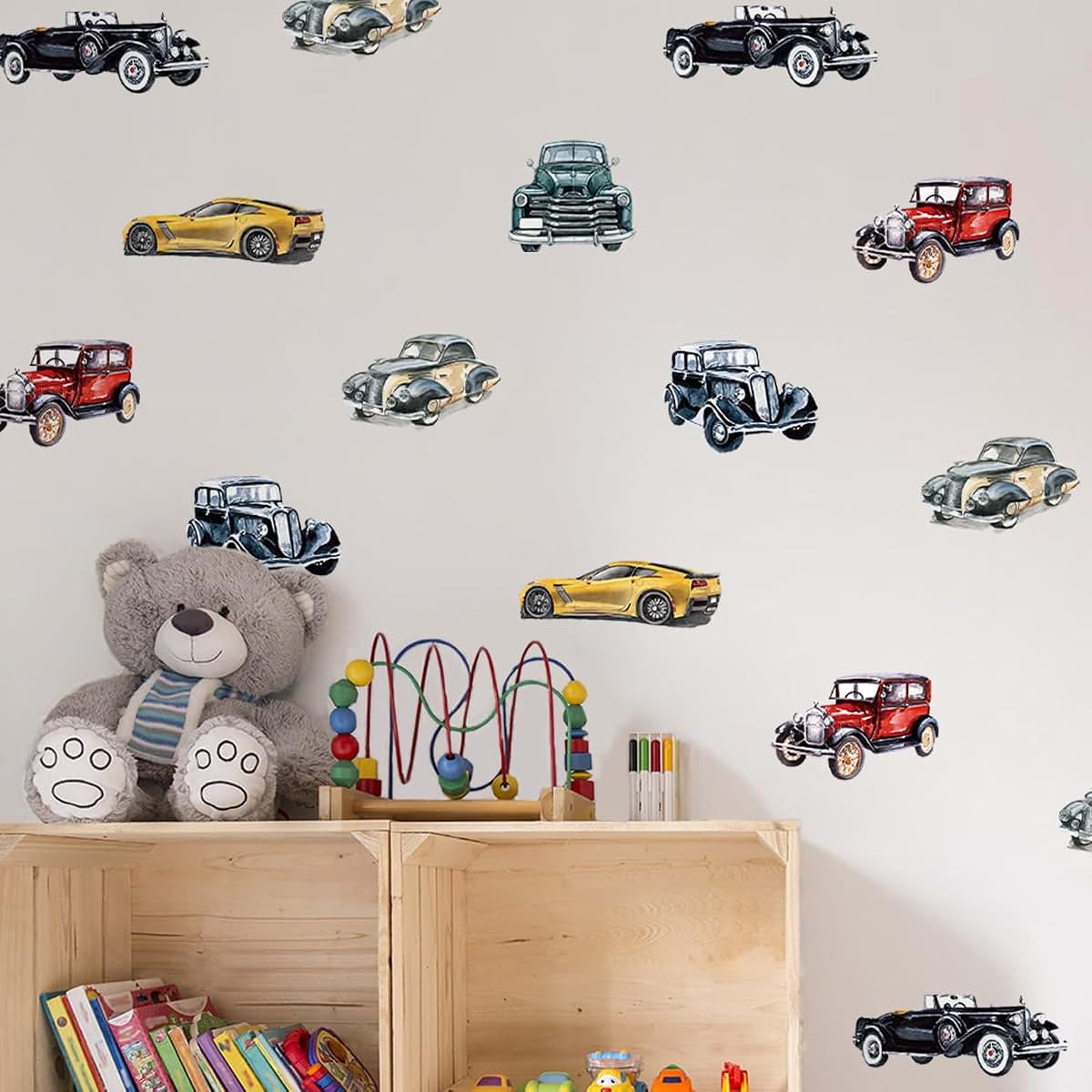 Astrkiz 20 Pcs Retro Cars Wall Decals Peel and Stick Watercolor Multicolor Boys Room