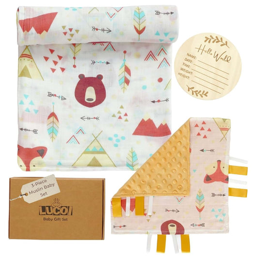 LUCOI Woodland Newborn Gift Set - Muslin Swaddle Blanket & Tag Lovey