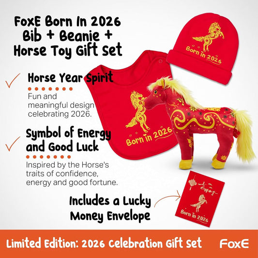 FoxE Year Of The Horse 2026 Baby Gift Set With Bib, Beanie, And Plush Toy
