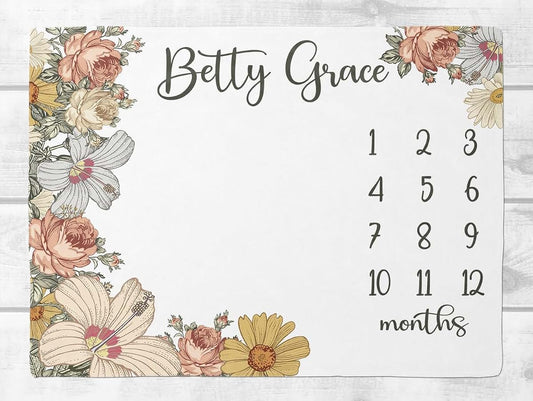 UnoCo Vintage Floral Milestone Blanket Girl, Floral Baby Month Blanket, Personalized Baby Girl Shower Gift, Baby Girl