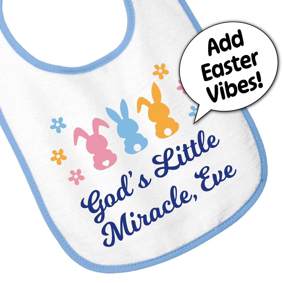 Smiling Jindo Personalized Easter Baby Bib – Pastel Bunny Trio Design with Custom Text – Soft Cotton Terry (photo 4)