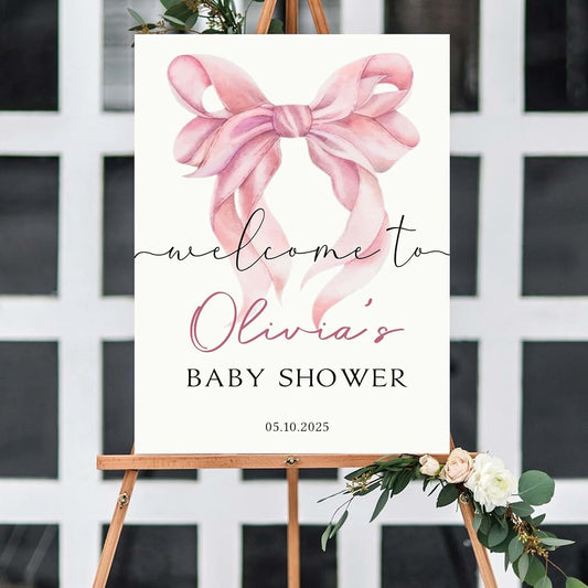Munshop Personalized Pink Bow Baby Shower Welcome Sign, Newborn Entrance Sign, Gifts For Baby Girl, Custom Name And