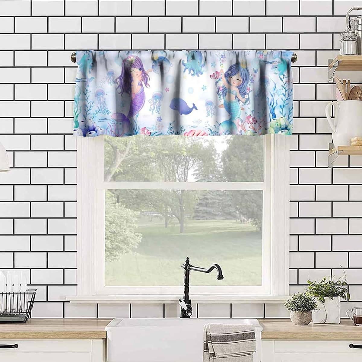 Aaveup Mermaid Valance Curtains - Blue Sea World Window Treatment