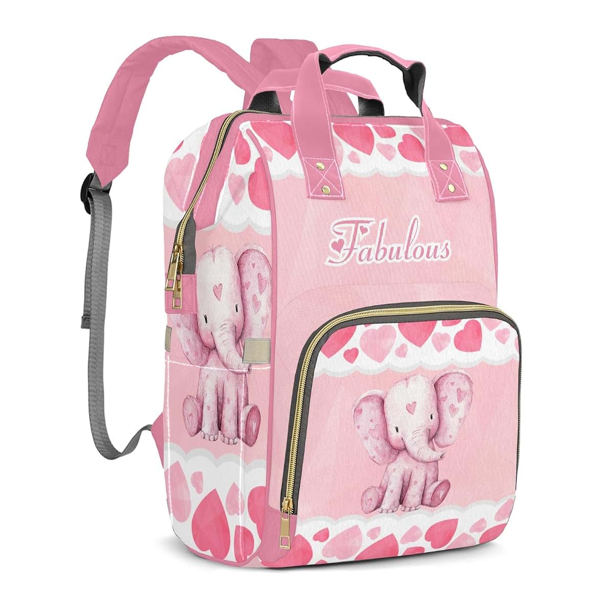 YallLocoMo Personalized Diaper Bag Backpack Name Watercolor Pink Elephant Heart Functional Waterproof Bag: Gift for (photo 2)