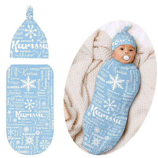 YallLocoMo Custom Newborn Swaddle Blankets Hat Snowflake Name Text Snowflake Sets Soft Baby Receiving Blanket Swaddle