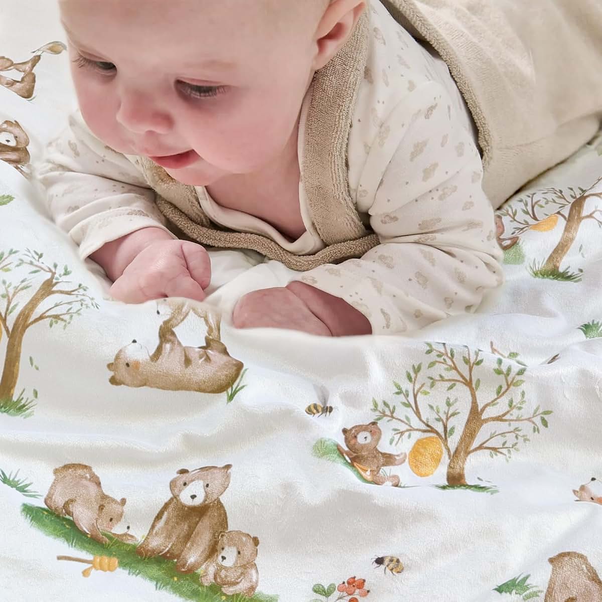 BOPRIO Minky Baby Blankets for Nursery - Woodland Bear Print Throws