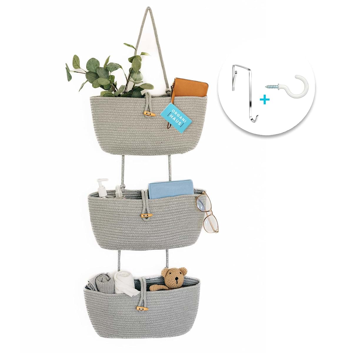 OrganiHaus Over the Door Organizer with 3-Tier Woven Cotton Rope Hanging Baskets, Light Gray