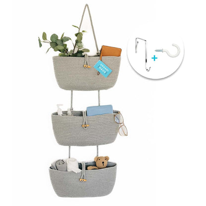 OrganiHaus Over the Door Organizer with 3-Tier Woven Cotton Rope Hanging Baskets, Light Gray