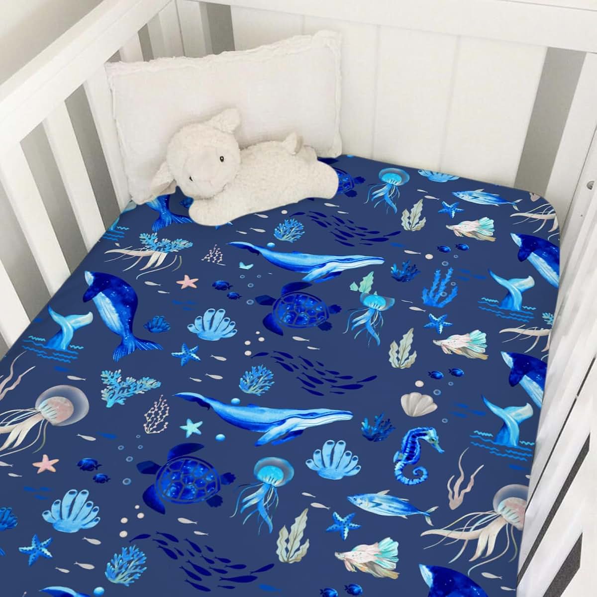 Hwmmbh Navy Nautical Sea Life Crib Sheet for Standard Crib