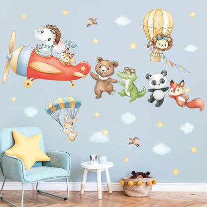 wondever Airplane Animals Wall Decals Hot Air Balloon Bear Wall Stickers