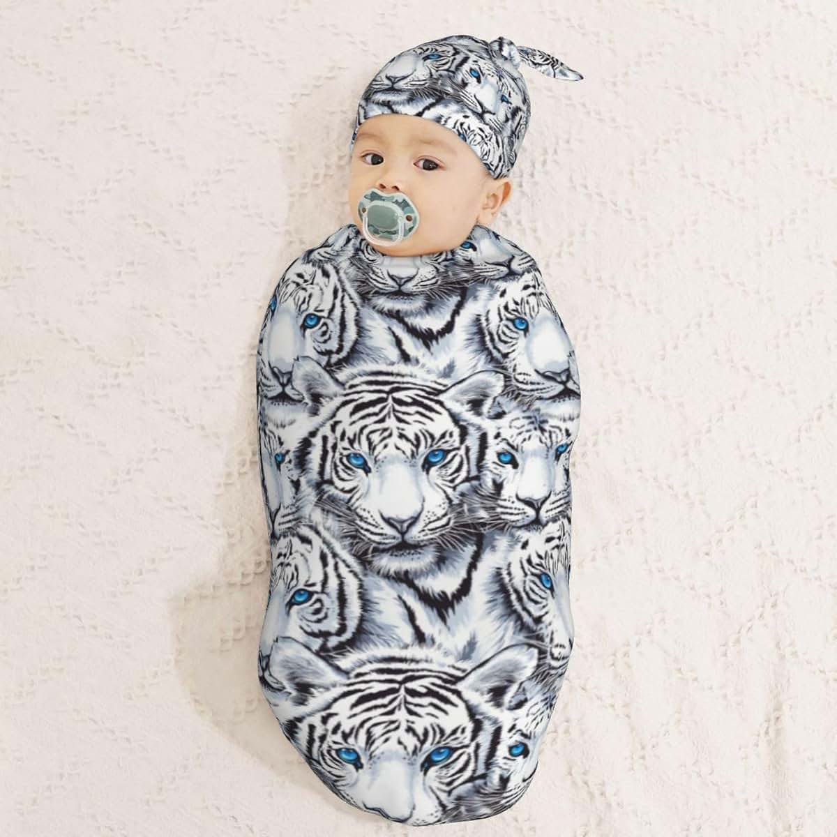 Muishi Tigers With Blue Eyes Newborn Swaddle Blanket and Hat Set, Soft Polyester Receiving Wrap for 0-6 Months