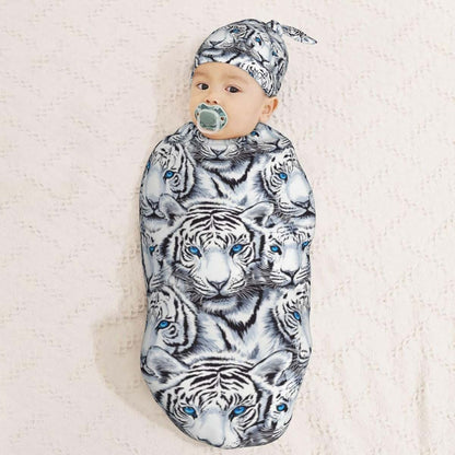Muishi Tigers With Blue Eyes Newborn Swaddle Blanket and Hat Set, Soft Polyester Receiving Wrap for 0-6 Months